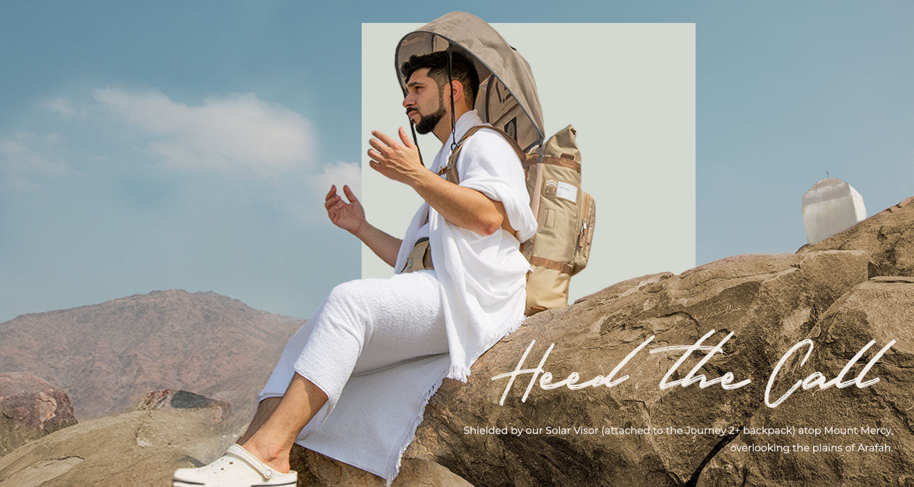 Hajj Backpack and Solar Visor on Mount Arafat for Hajj and Umrah - FEJ Gear